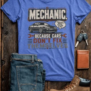 Mechanic Tee — "Mechanic. Because Cars Don't Fix Themselves" Funny Vintage Auto Technician Repair Shirt — heather-columbia-blue t-shirt, flat-lay product photo | Pressure Tested Co