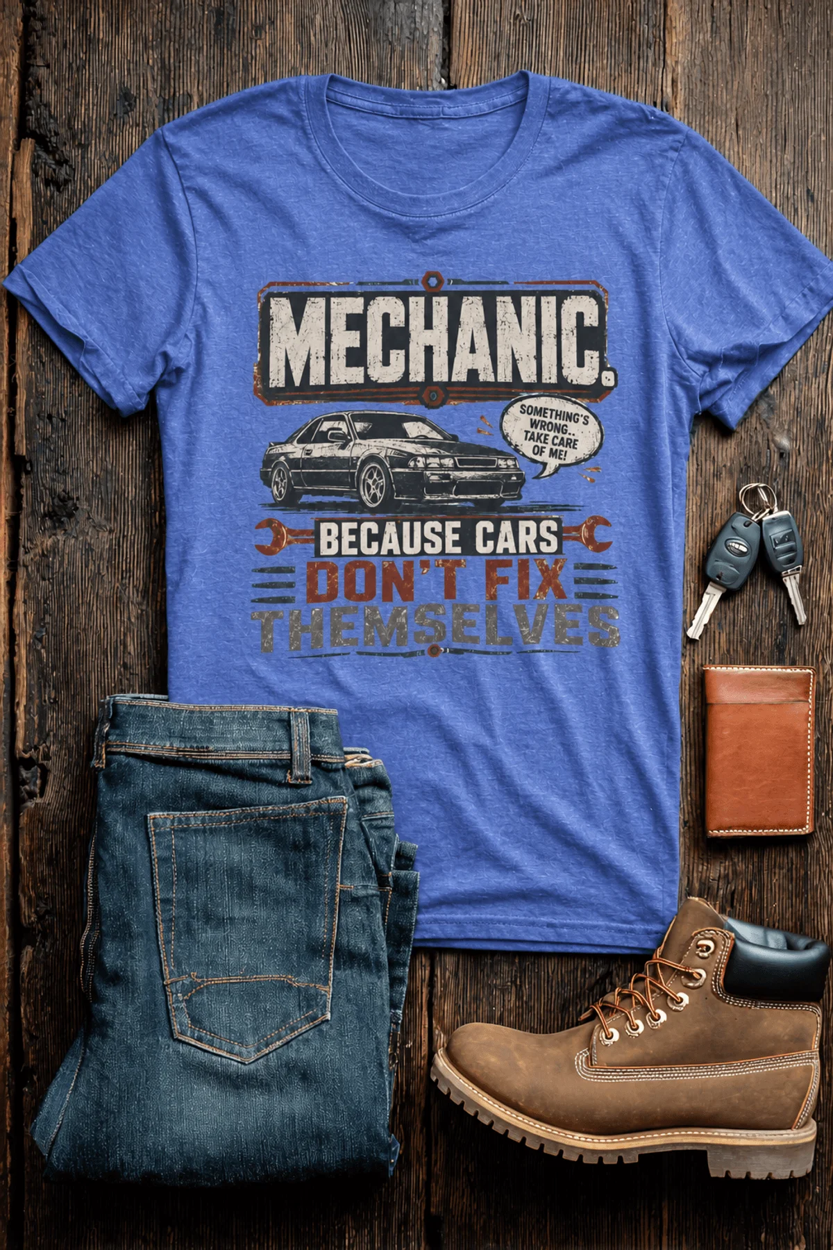 Mechanic Tee — "Mechanic. Because Cars Don't Fix Themselves" Funny Vintage Auto Technician Repair Shirt — heather-columbia-blue t-shirt, flat-lay product photo | Pressure Tested Co