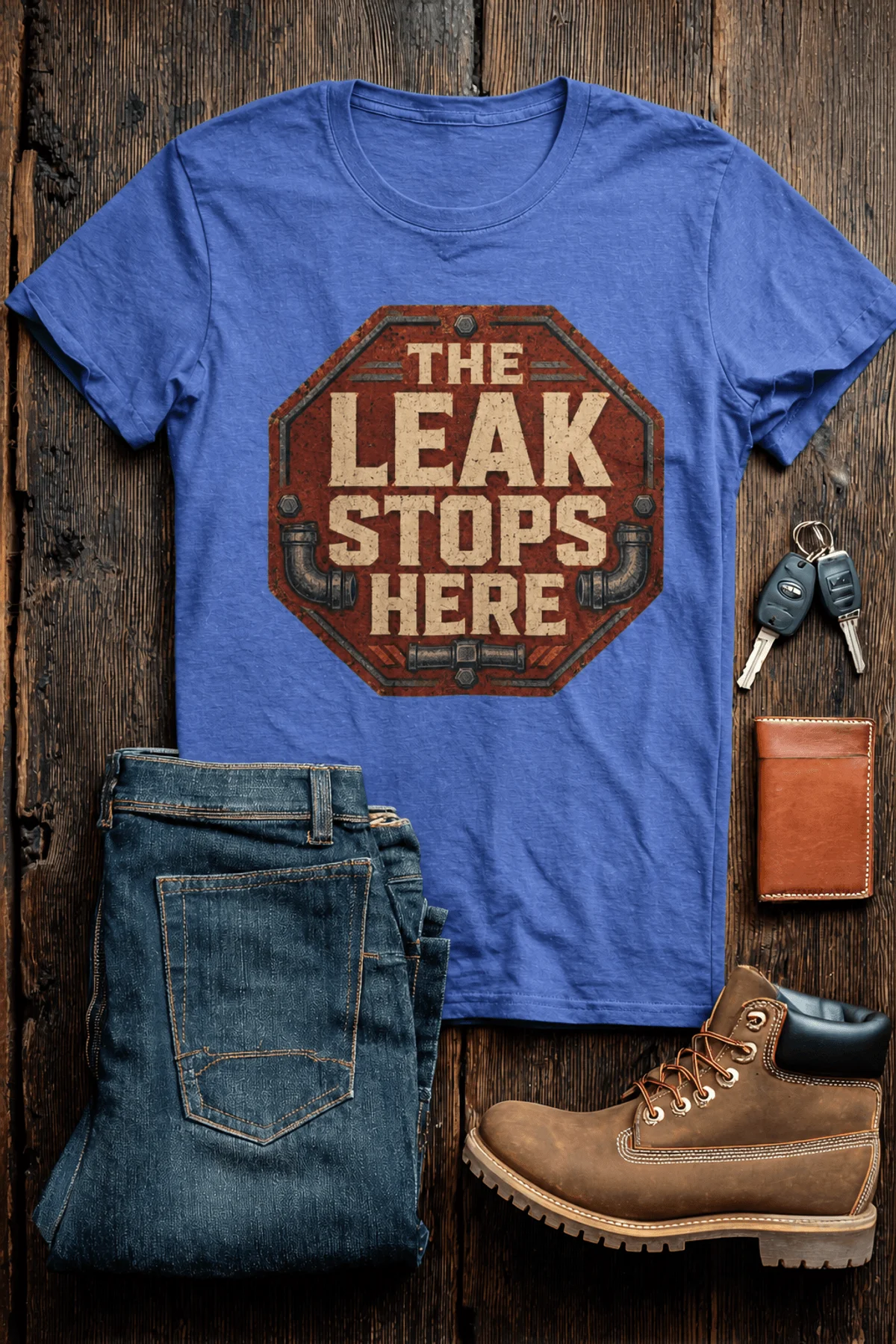 "The Leak Stops Here" Stop Sign Badge Style — Plumbing Repair Tech Humorous Tee — heather-columbia-blue t-shirt, flat-lay product photo | Pressure Tested Co