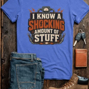 I Know A Shocking Amount Of Stuff T-Shirt — Electrician Science Humorous Tee — heather-columbia-blue t-shirt, flat-lay product photo | Pressure Tested Co