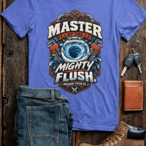 Master of the Mighty Flush T-Shirt — Plumber/Funny Toilet Repair Tee — heather-columbia-blue t-shirt, flat-lay product photo | Pressure Tested Co