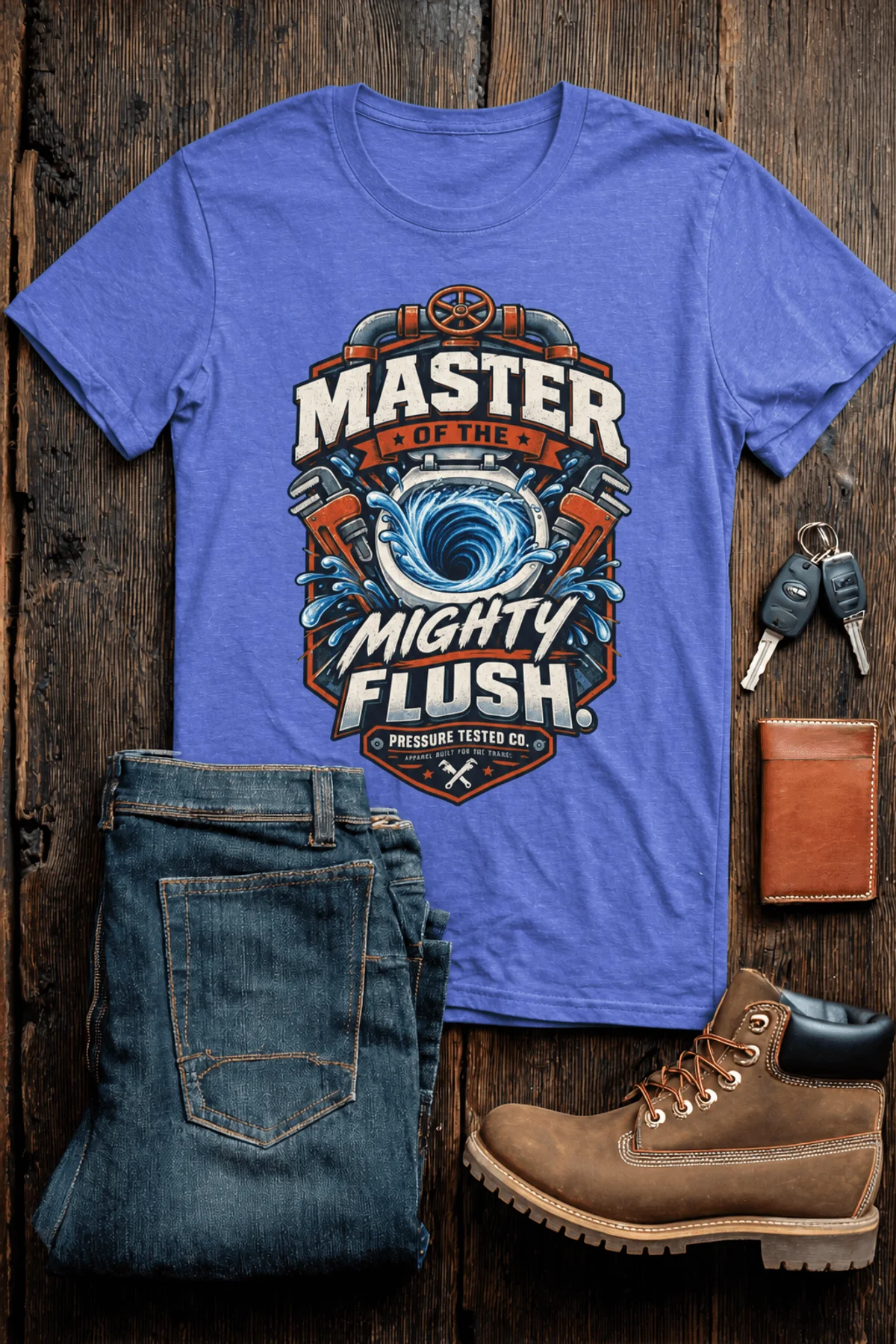 Master of the Mighty Flush T-Shirt — Plumber/Funny Toilet Repair Tee — heather-columbia-blue t-shirt, flat-lay product photo | Pressure Tested Co