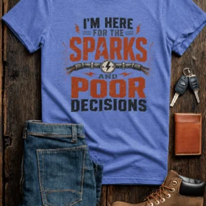 Sparks and Poor Decisions Tee — Funny Electrician/Party Graphic T-Shirt — heather-columbia-blue t-shirt, flat-lay product photo | Pressure Tested Co