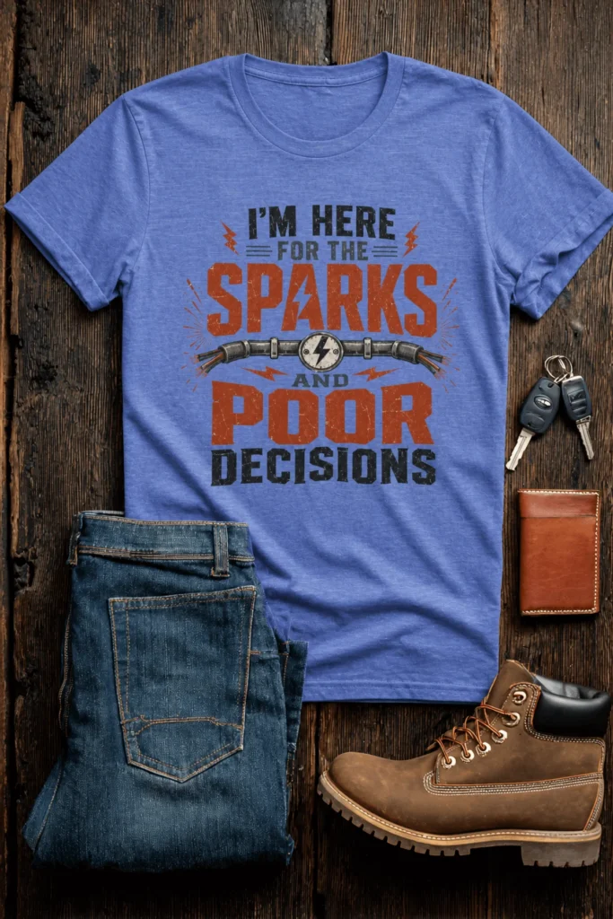 Sparks and Poor Decisions Tee — Funny Electrician/Party Graphic T-Shirt — heather-columbia-blue t-shirt, flat-lay product photo | Pressure Tested Co