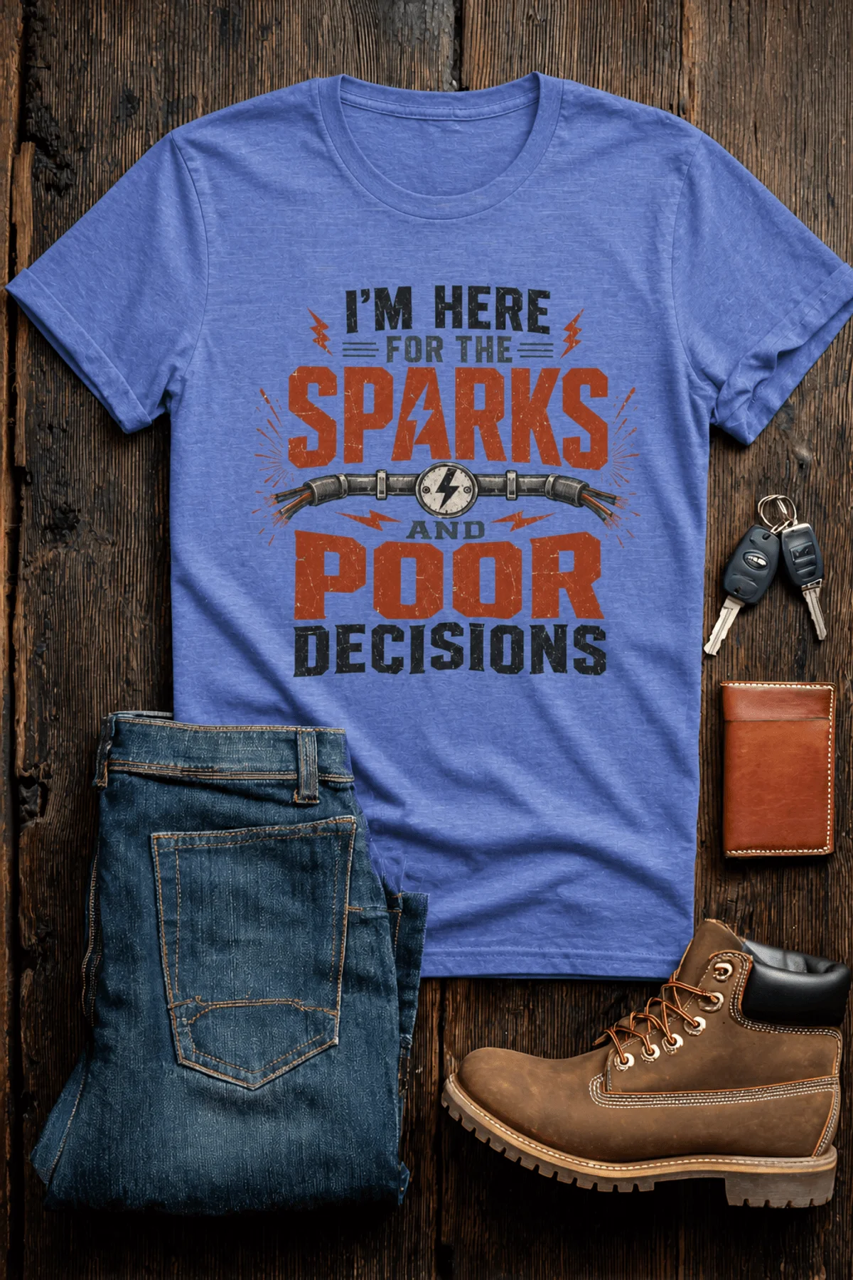 Sparks and Poor Decisions Tee — Funny Electrician/Party Graphic T-Shirt — heather-columbia-blue t-shirt, flat-lay product photo | Pressure Tested Co