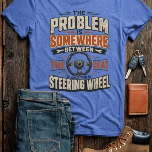 Driving Humor T-Shirt — "The Problem Is Somewhere Between The Seat And The Steering Wheel" — heather-columbia-blue t-shirt, flat-lay product photo | Pressure Tested Co