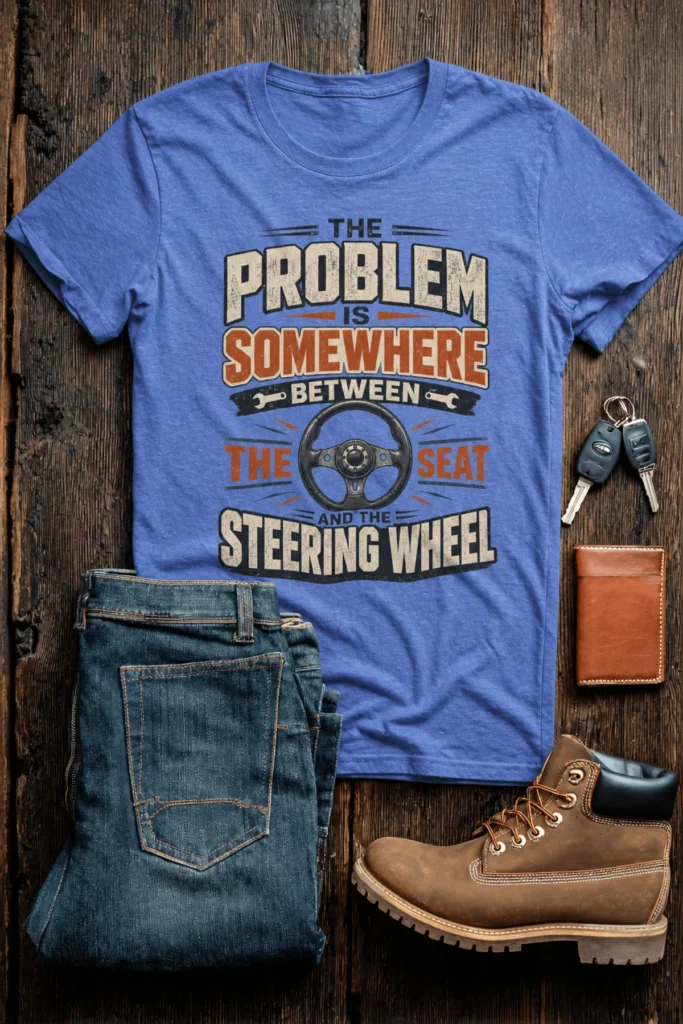 Driving Humor T-Shirt — "The Problem Is Somewhere Between The Seat And The Steering Wheel" — heather-columbia-blue t-shirt, flat-lay product photo | Pressure Tested Co