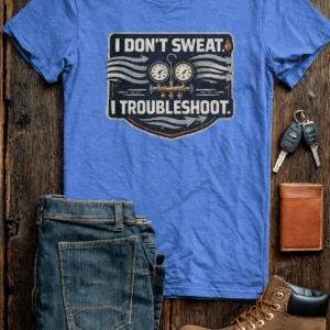 HVAC Tech T-Shirt – "I Don't Sweat. I Troubleshoot." Retro Tech Shirt — heather-columbia-blue t-shirt, flat-lay product photo | Pressure Tested Co