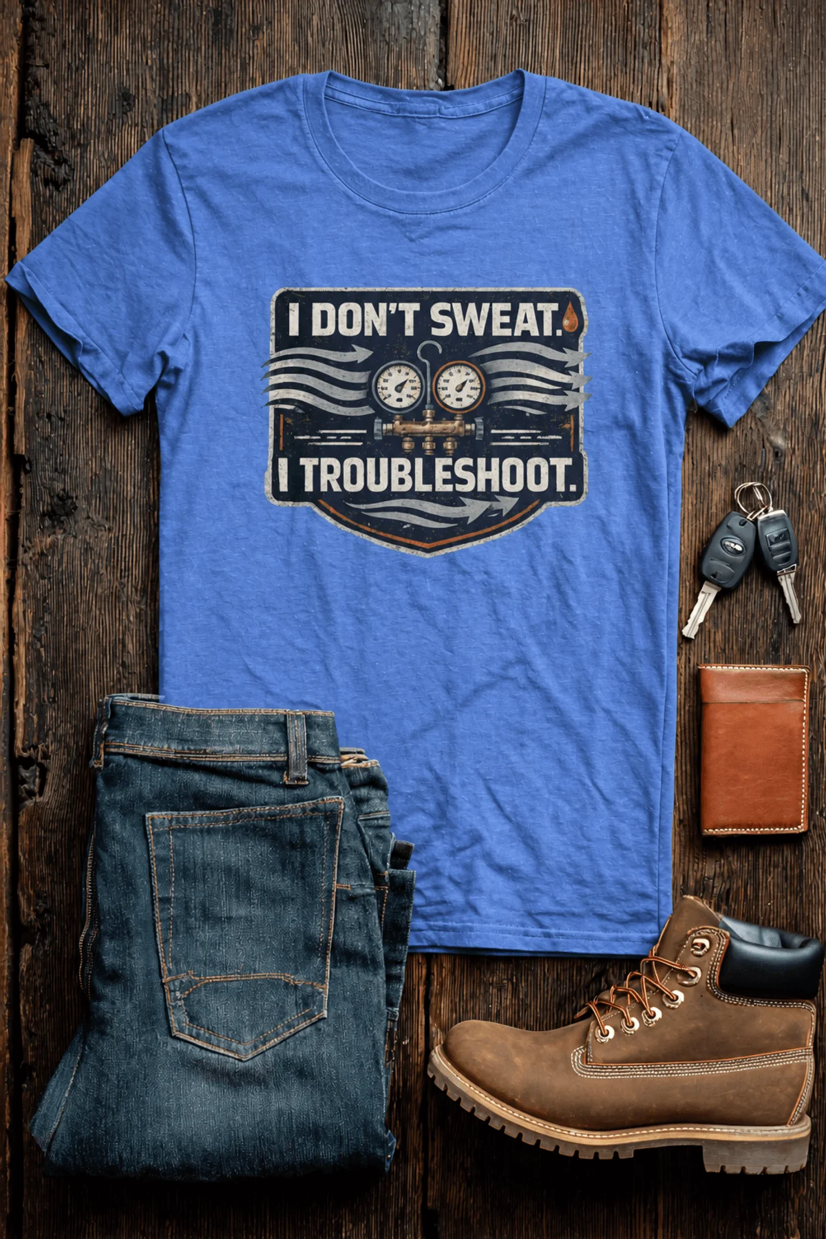 HVAC Tech T-Shirt – "I Don't Sweat. I Troubleshoot." Retro Tech Shirt — heather-columbia-blue t-shirt, flat-lay product photo | Pressure Tested Co