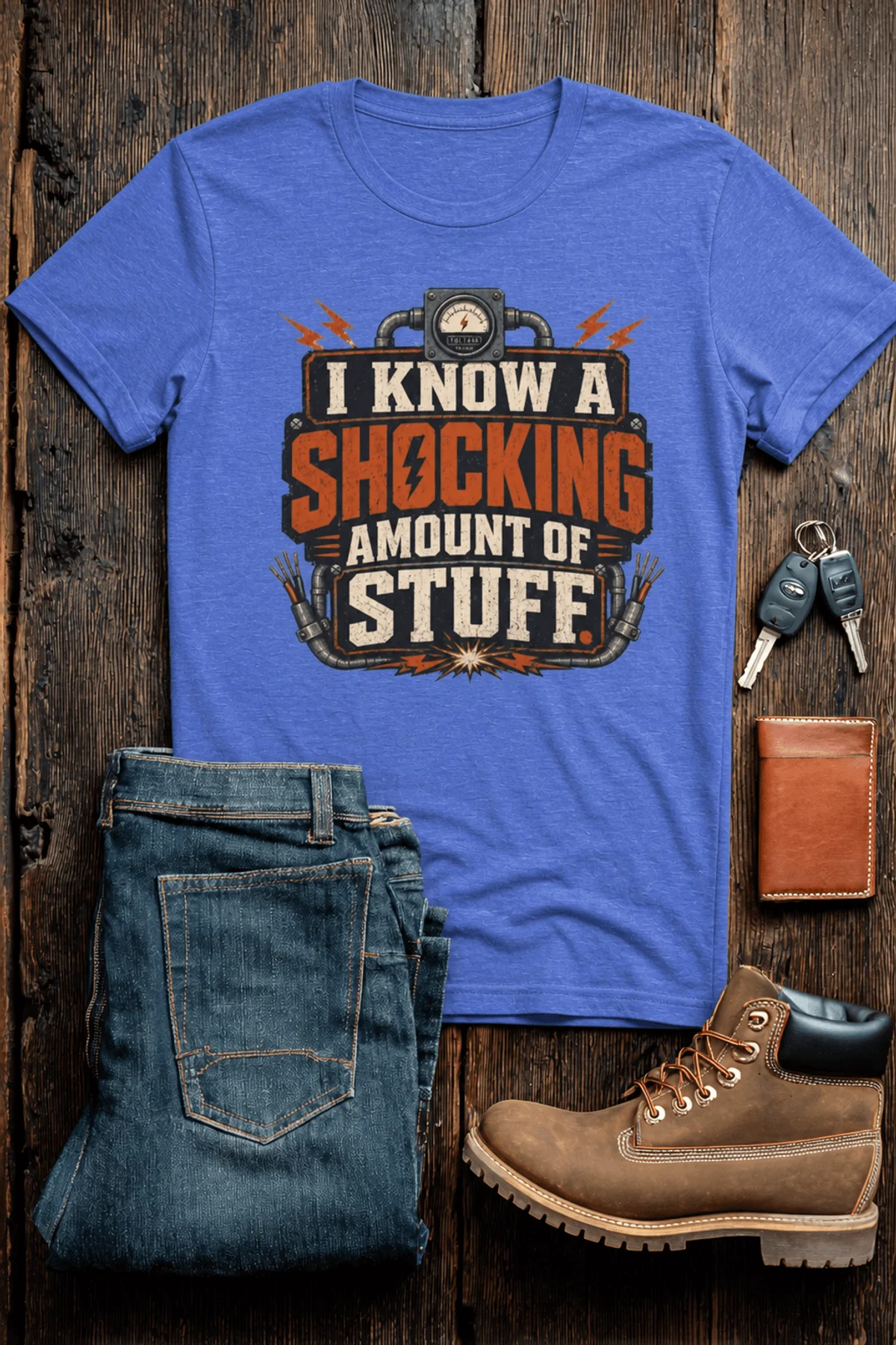 I Know A Shocking Amount Of Stuff T-Shirt — Electrician Science Humorous Tee — heather-columbia-blue t-shirt, flat-lay product photo | Pressure Tested Co