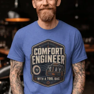 HVAC Tech T-Shirt — "Comfort Engineer" Vintage Tee with a Tool Bag — heather-columbia-blue t-shirt, model photo | Pressure Tested Co