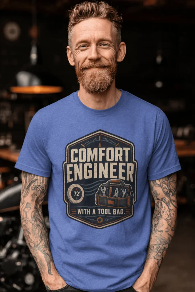 HVAC Tech T-Shirt — "Comfort Engineer" Vintage Tee with a Tool Bag — heather-columbia-blue t-shirt, model photo | Pressure Tested Co