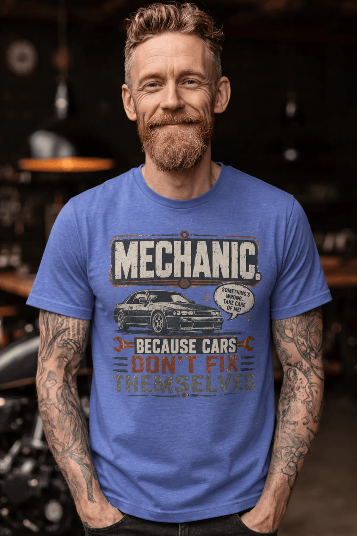 Mechanic Tee — "Mechanic. Because Cars Don't Fix Themselves" Funny Vintage Auto Technician Repair Shirt — heather-columbia-blue t-shirt, model photo | Pressure Tested Co