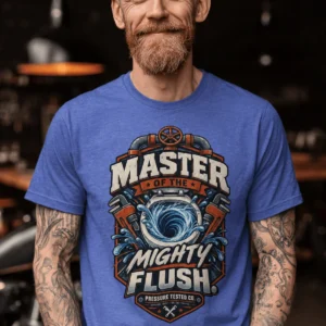 Master of the Mighty Flush T-Shirt — Plumber/Funny Toilet Repair Tee — heather-columbia-blue t-shirt, model photo | Pressure Tested Co