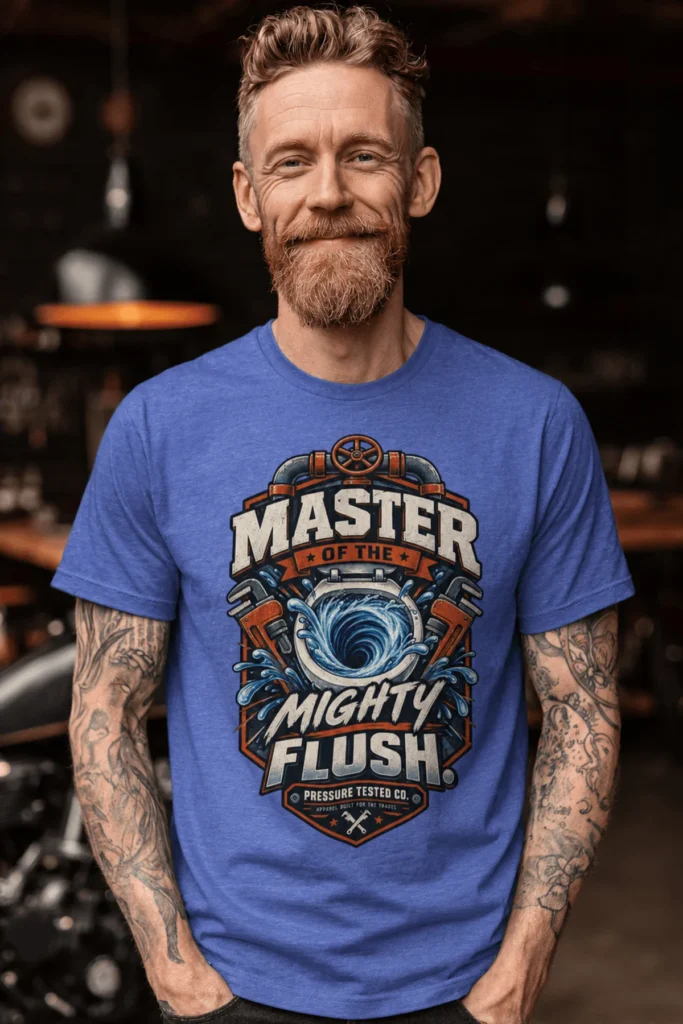 Master of the Mighty Flush T-Shirt — Plumber/Funny Toilet Repair Tee — heather-columbia-blue t-shirt, model photo | Pressure Tested Co