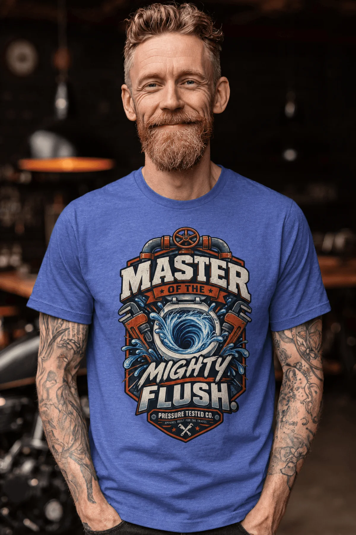 Master of the Mighty Flush T-Shirt — Plumber/Funny Toilet Repair Tee — heather-columbia-blue t-shirt, model photo | Pressure Tested Co