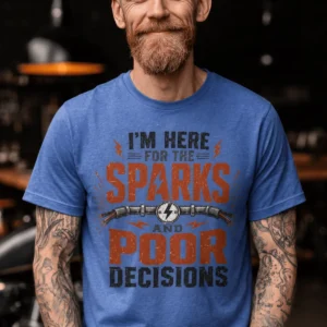 Sparks and Poor Decisions Tee — Funny Electrician/Party Graphic T-Shirt — heather-columbia-blue t-shirt, model photo | Pressure Tested Co