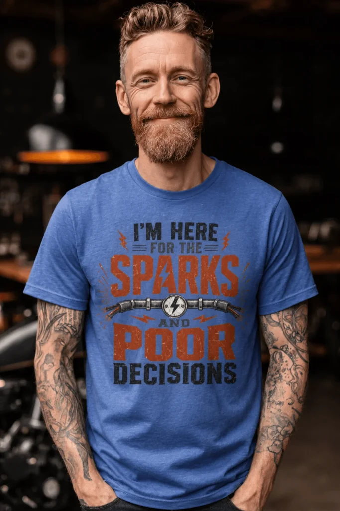 Sparks and Poor Decisions Tee — Funny Electrician/Party Graphic T-Shirt — heather-columbia-blue t-shirt, model photo | Pressure Tested Co