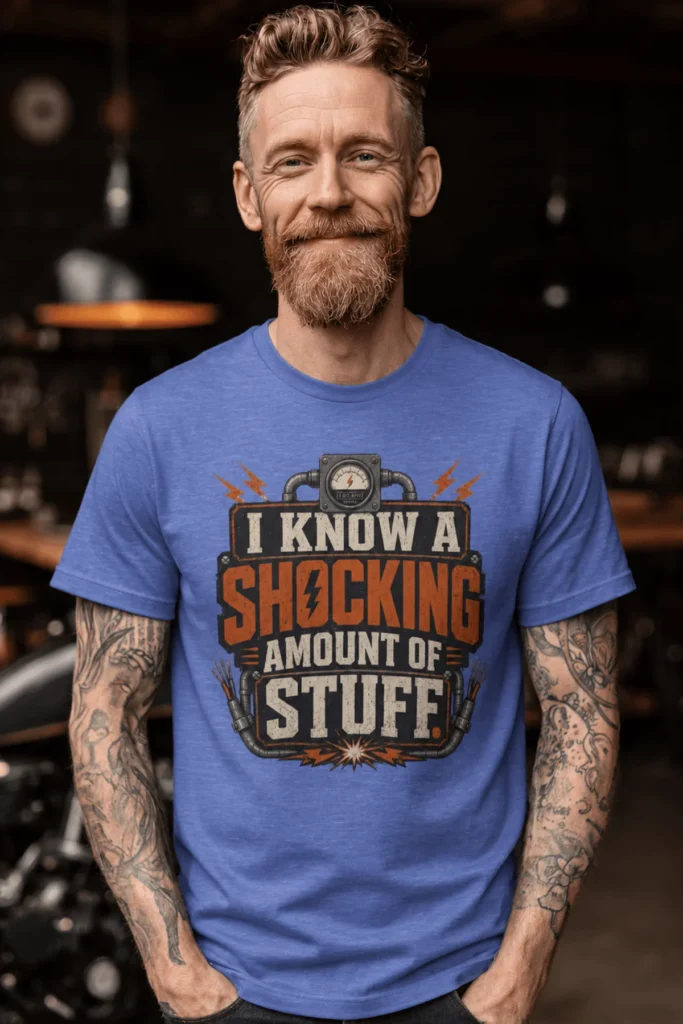 I Know A Shocking Amount Of Stuff T-Shirt — Electrician Science Humorous Tee — heather-columbia-blue t-shirt, model photo | Pressure Tested Co