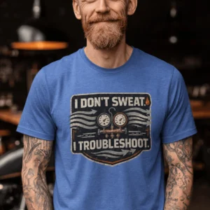 HVAC Tech T-Shirt – "I Don't Sweat. I Troubleshoot." Retro Tech Shirt — heather-columbia-blue t-shirt, model photo | Pressure Tested Co