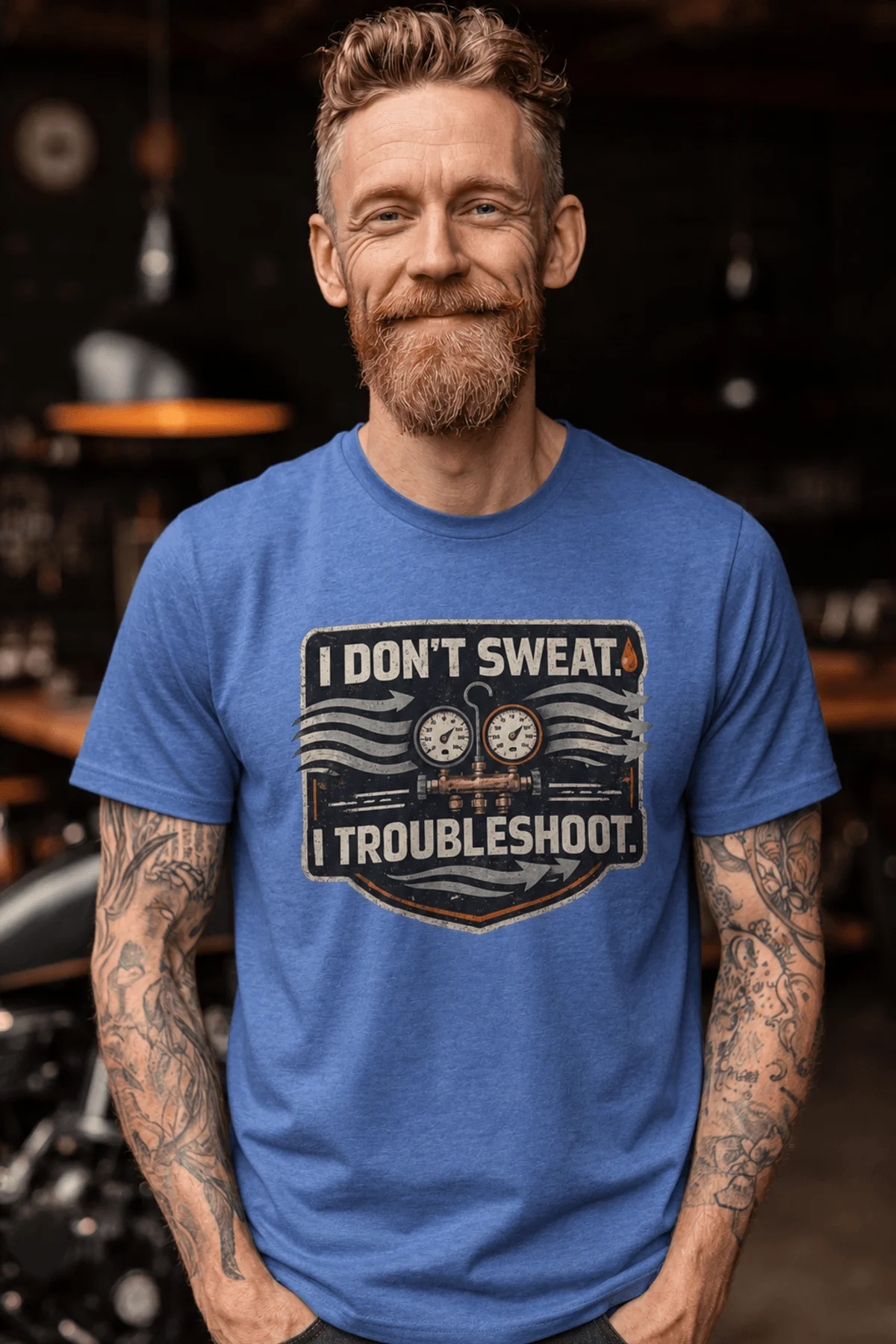 HVAC Tech T-Shirt – "I Don't Sweat. I Troubleshoot." Retro Tech Shirt — heather-columbia-blue t-shirt, model photo | Pressure Tested Co