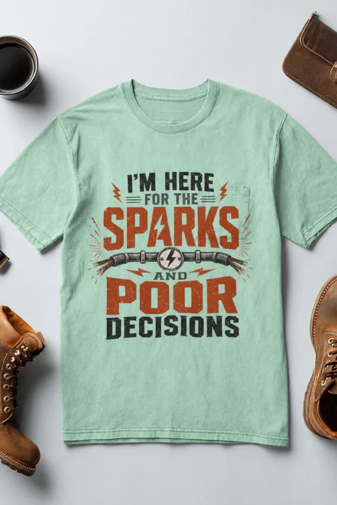 Sparks and Poor Decisions Tee — Funny Electrician/Party Graphic T-Shirt — heather-mint t-shirt, flat-lay product photo | Pressure Tested Co