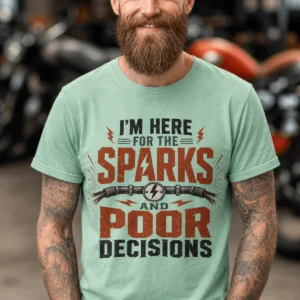 Sparks and Poor Decisions Tee — Funny Electrician/Party Graphic T-Shirt — heather-mint t-shirt, model photo | Pressure Tested Co