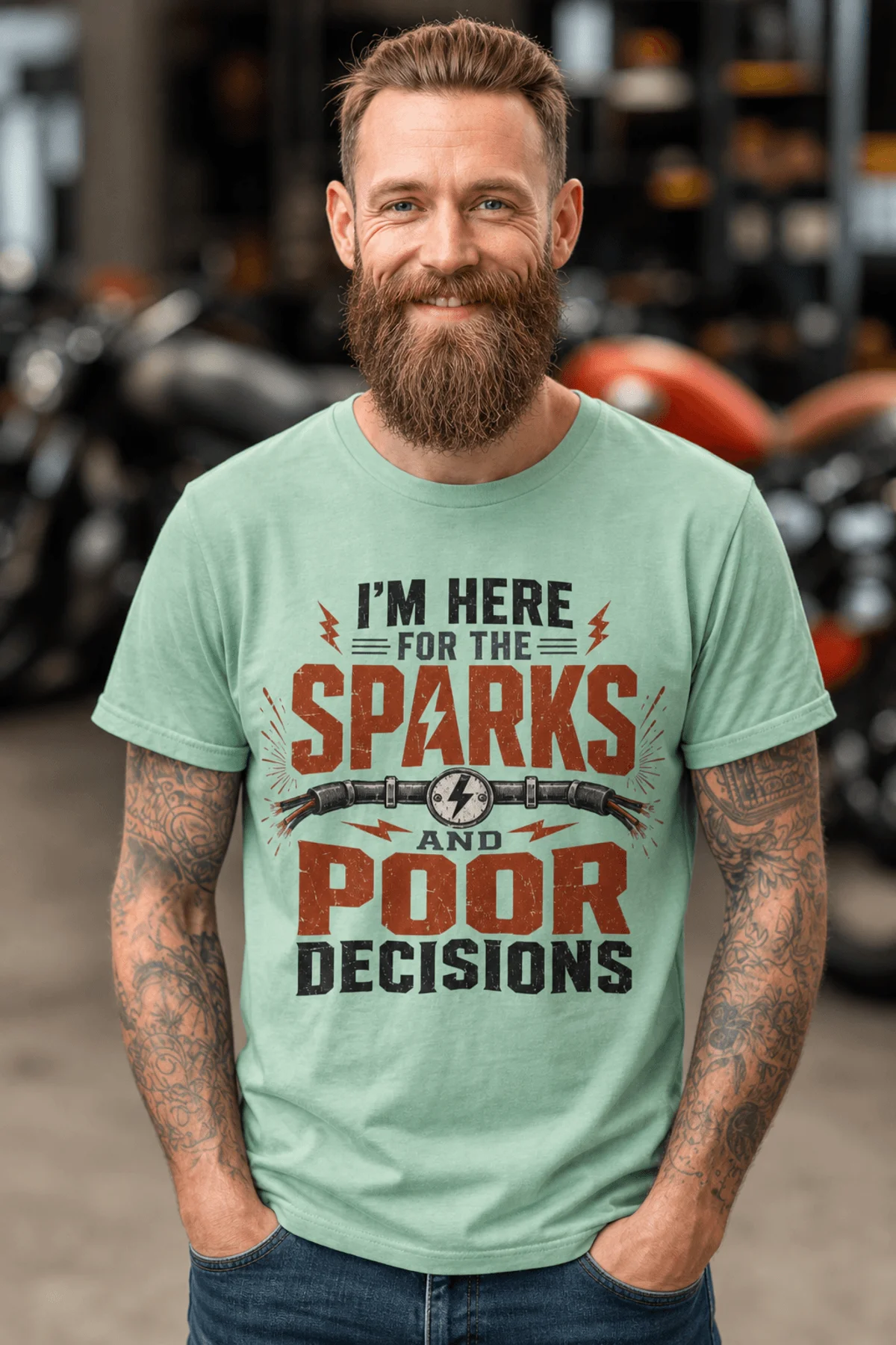 Sparks and Poor Decisions Tee — Funny Electrician/Party Graphic T-Shirt — heather-mint t-shirt, model photo | Pressure Tested Co