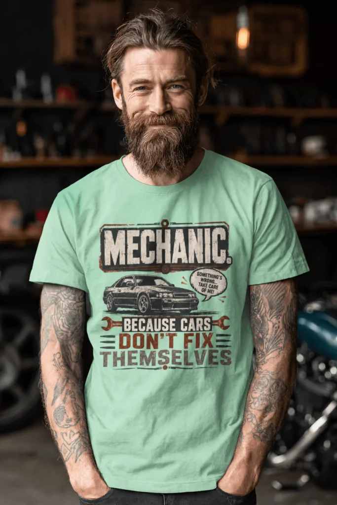 Mechanic Tee — "Mechanic. Because Cars Don't Fix Themselves" Funny Vintage Auto Technician Repair Shirt — heather-mint t-shirt, model photo | Pressure Tested Co