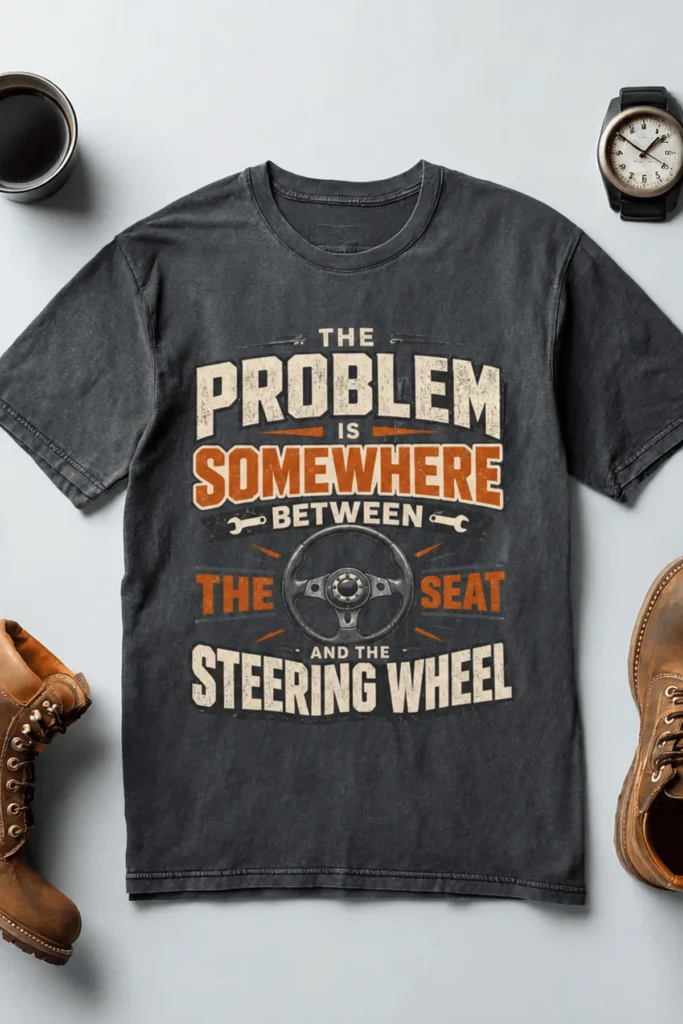 Driving Humor T-Shirt — "The Problem Is Somewhere Between The Seat And The Steering Wheel" — heather-navy t-shirt, flat-lay product photo | Pressure Tested Co