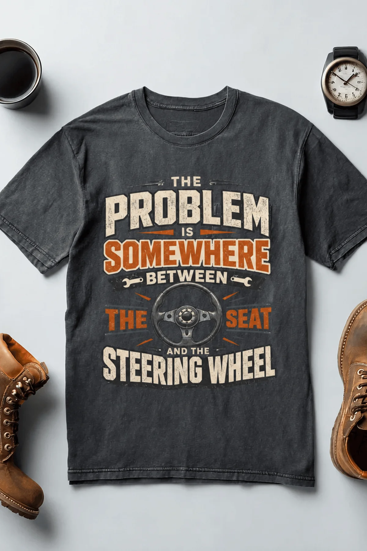 Driving Humor T-Shirt — "The Problem Is Somewhere Between The Seat And The Steering Wheel" — heather-navy t-shirt, flat-lay product photo | Pressure Tested Co