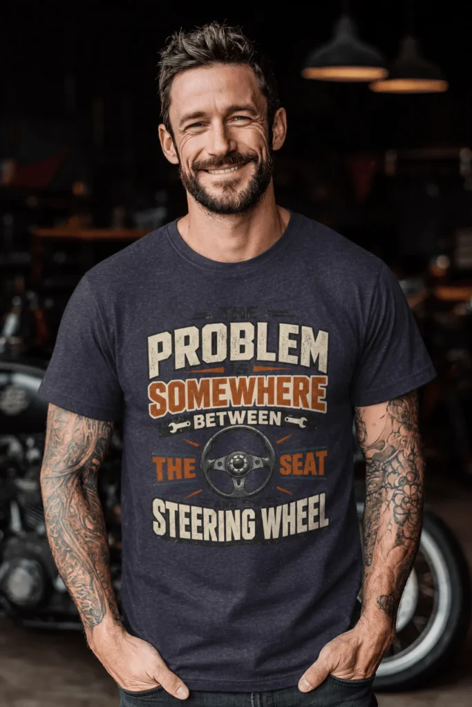 Driving Humor T-Shirt — "The Problem Is Somewhere Between The Seat And The Steering Wheel" — heather-navy t-shirt, model photo | Pressure Tested Co