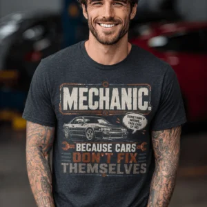 Mechanic Tee — "Mechanic. Because Cars Don't Fix Themselves" Funny Vintage Auto Technician Repair Shirt — heather-navy t-shirt, model photo | Pressure Tested Co