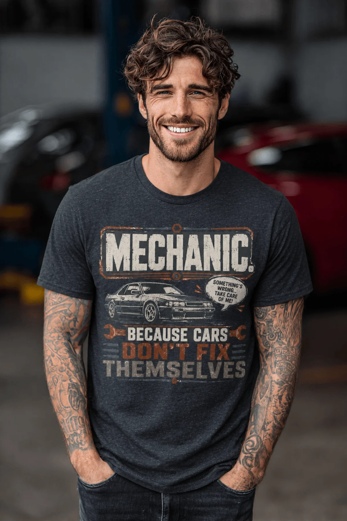 Mechanic Tee — "Mechanic. Because Cars Don't Fix Themselves" Funny Vintage Auto Technician Repair Shirt — heather-navy t-shirt, model photo | Pressure Tested Co