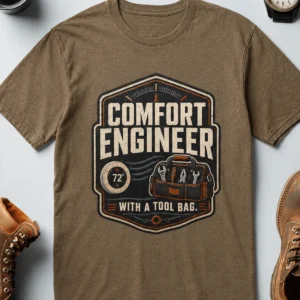 HVAC Tech T-Shirt — "Comfort Engineer" Vintage Tee with a Tool Bag — heather-olive t-shirt, flat-lay product photo | Pressure Tested Co