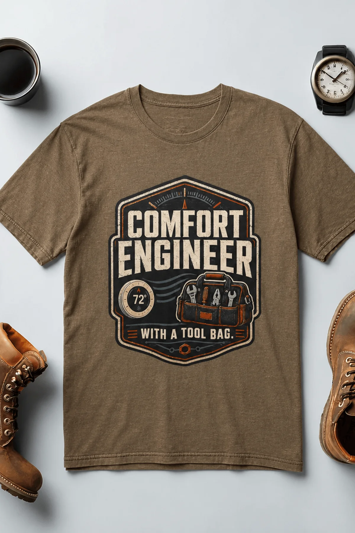 HVAC Tech T-Shirt — "Comfort Engineer" Vintage Tee with a Tool Bag — heather-olive t-shirt, flat-lay product photo | Pressure Tested Co