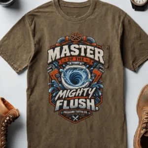 Master of the Mighty Flush T-Shirt — Plumber/Funny Toilet Repair Tee — heather-olive t-shirt, flat-lay product photo | Pressure Tested Co