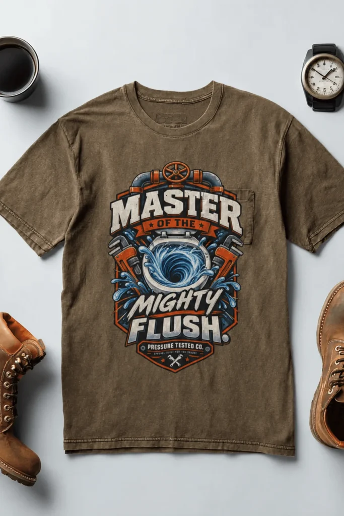 Master of the Mighty Flush T-Shirt — Plumber/Funny Toilet Repair Tee — heather-olive t-shirt, flat-lay product photo | Pressure Tested Co