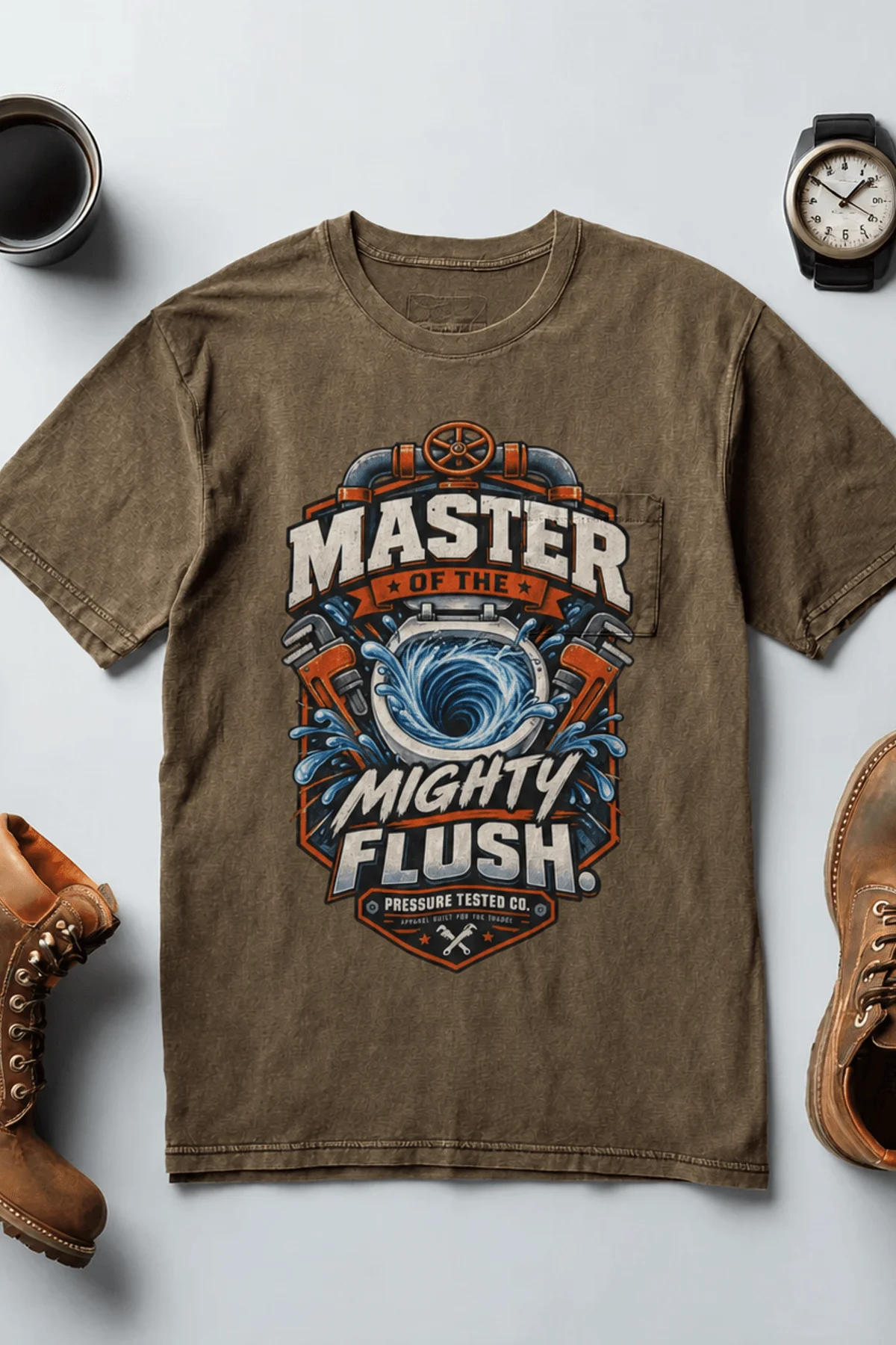 Master of the Mighty Flush T-Shirt — Plumber/Funny Toilet Repair Tee — heather-olive t-shirt, flat-lay product photo | Pressure Tested Co