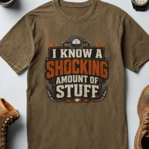 I Know A Shocking Amount Of Stuff T-Shirt — Electrician Science Humorous Tee — heather-olive t-shirt, flat-lay product photo | Pressure Tested Co