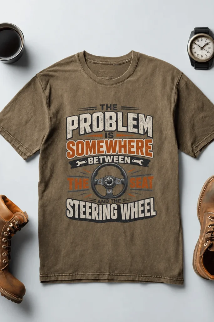 Driving Humor T-Shirt — "The Problem Is Somewhere Between The Seat And The Steering Wheel" — heather-olive t-shirt, flat-lay product photo | Pressure Tested Co