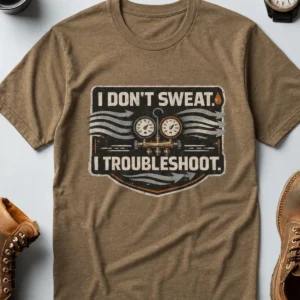 HVAC Tech T-Shirt – "I Don't Sweat. I Troubleshoot." Retro Tech Shirt — heather-olive t-shirt, flat-lay product photo | Pressure Tested Co