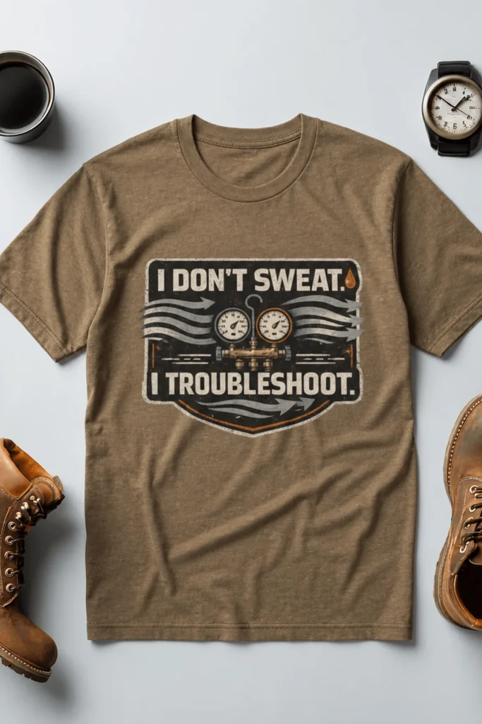 HVAC Tech T-Shirt – "I Don't Sweat. I Troubleshoot." Retro Tech Shirt — heather-olive t-shirt, flat-lay product photo | Pressure Tested Co