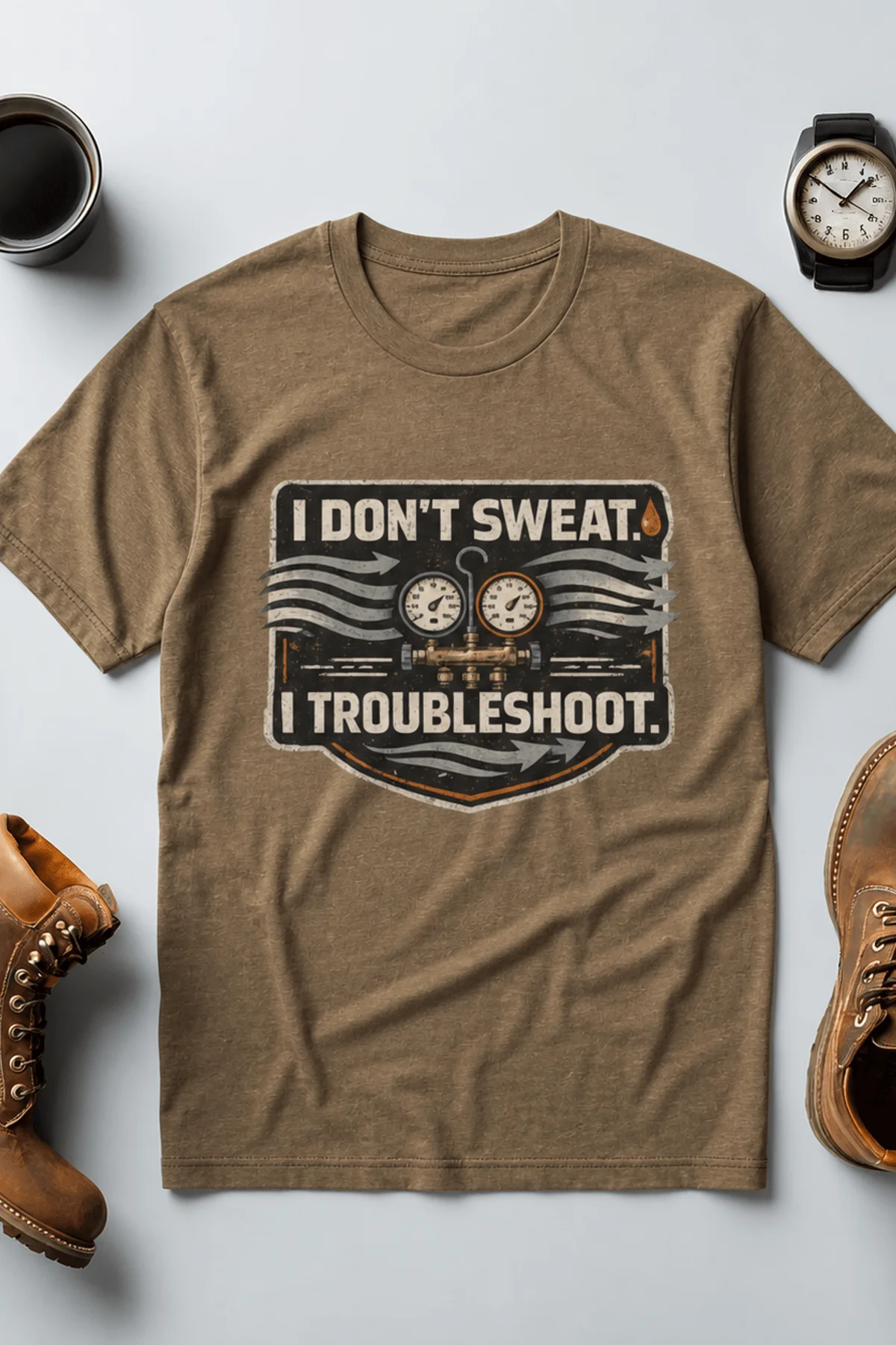HVAC Tech T-Shirt – "I Don't Sweat. I Troubleshoot." Retro Tech Shirt — heather-olive t-shirt, flat-lay product photo | Pressure Tested Co