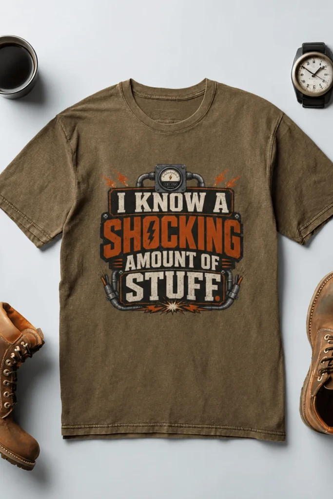 I Know A Shocking Amount Of Stuff T-Shirt — Electrician Science Humorous Tee — heather-olive t-shirt, flat-lay product photo | Pressure Tested Co