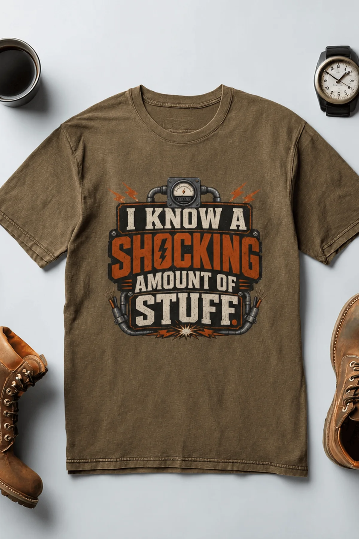 I Know A Shocking Amount Of Stuff T-Shirt — Electrician Science Humorous Tee — heather-olive t-shirt, flat-lay product photo | Pressure Tested Co