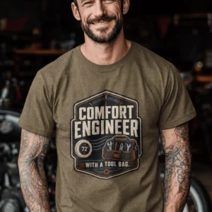 HVAC Tech T-Shirt — "Comfort Engineer" Vintage Tee with a Tool Bag — heather-olive t-shirt, model photo | Pressure Tested Co
