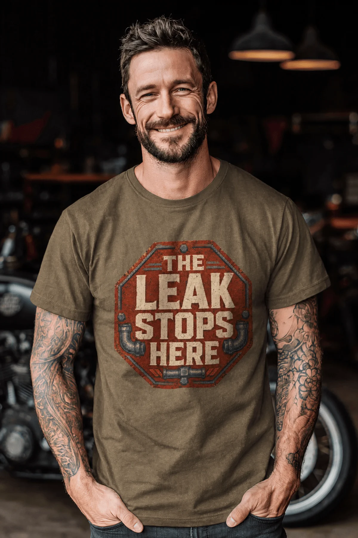 "The Leak Stops Here" Stop Sign Badge Style — Plumbing Repair Tech Humorous Tee — heather-olive t-shirt, model photo | Pressure Tested Co