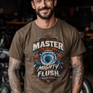 Master of the Mighty Flush T-Shirt — Plumber/Funny Toilet Repair Tee — heather-olive t-shirt, model photo | Pressure Tested Co