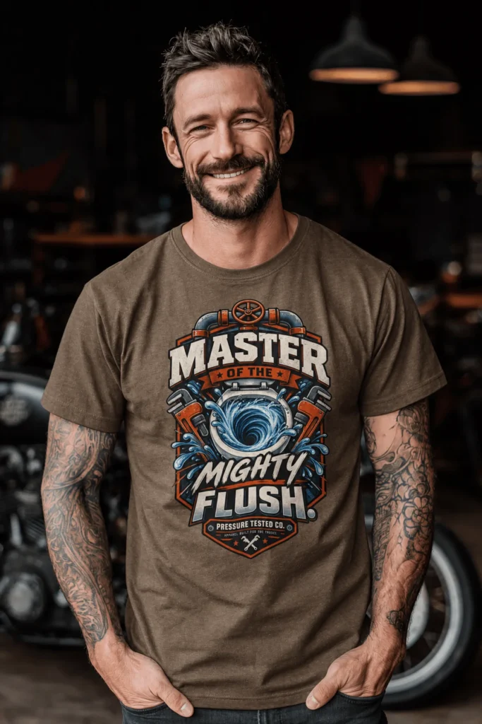 Master of the Mighty Flush T-Shirt — Plumber/Funny Toilet Repair Tee — heather-olive t-shirt, model photo | Pressure Tested Co